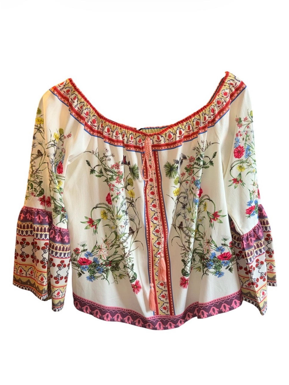 Umgee Cream Off-Shoulder Floral Embroidered Peasant Blouse with Coral Trim - Picture 4 of 5